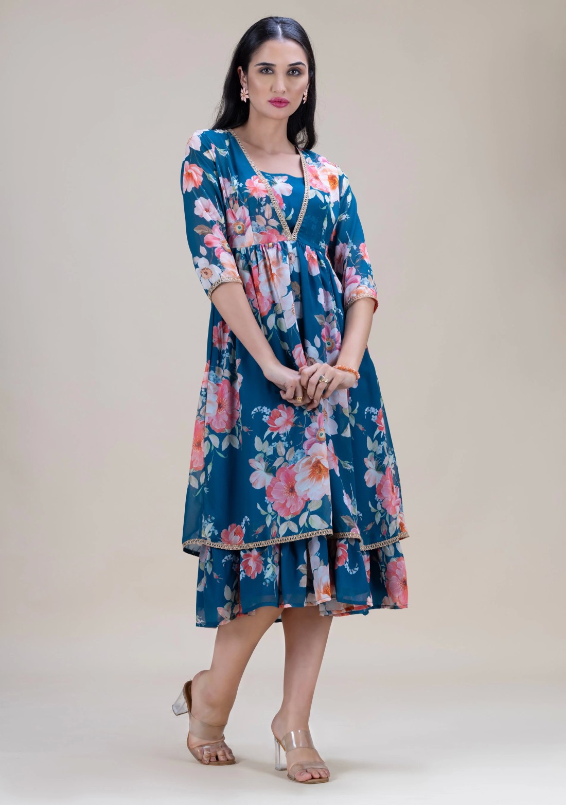 Multi Colour Big Floral Print Georgette Midi Dress