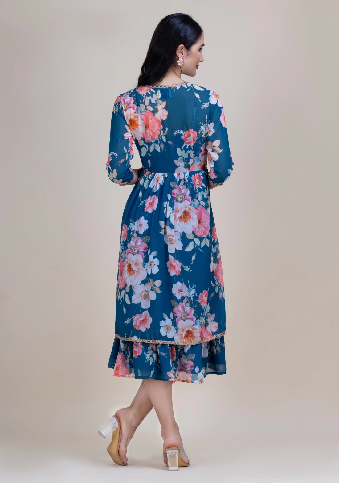 Multi Colour Big Floral Print Georgette Midi Dress