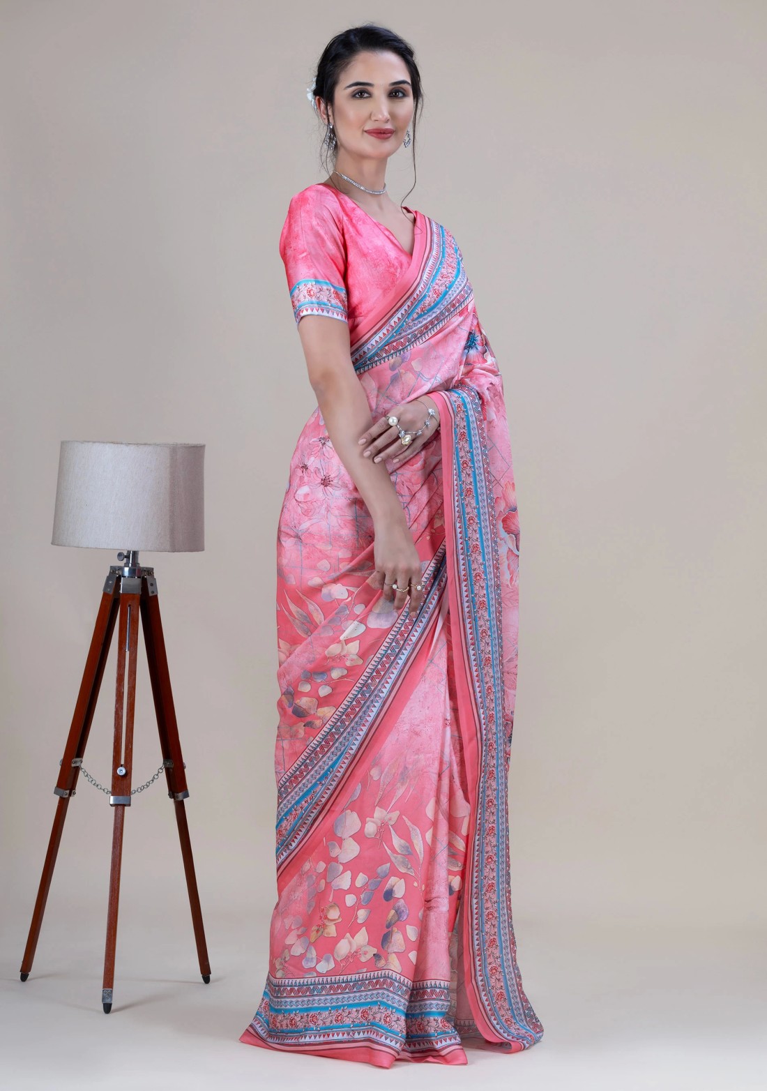 Coral Pink Multi Floral Print Light Weight Satin Georgette Saree With Unstitched Blouse