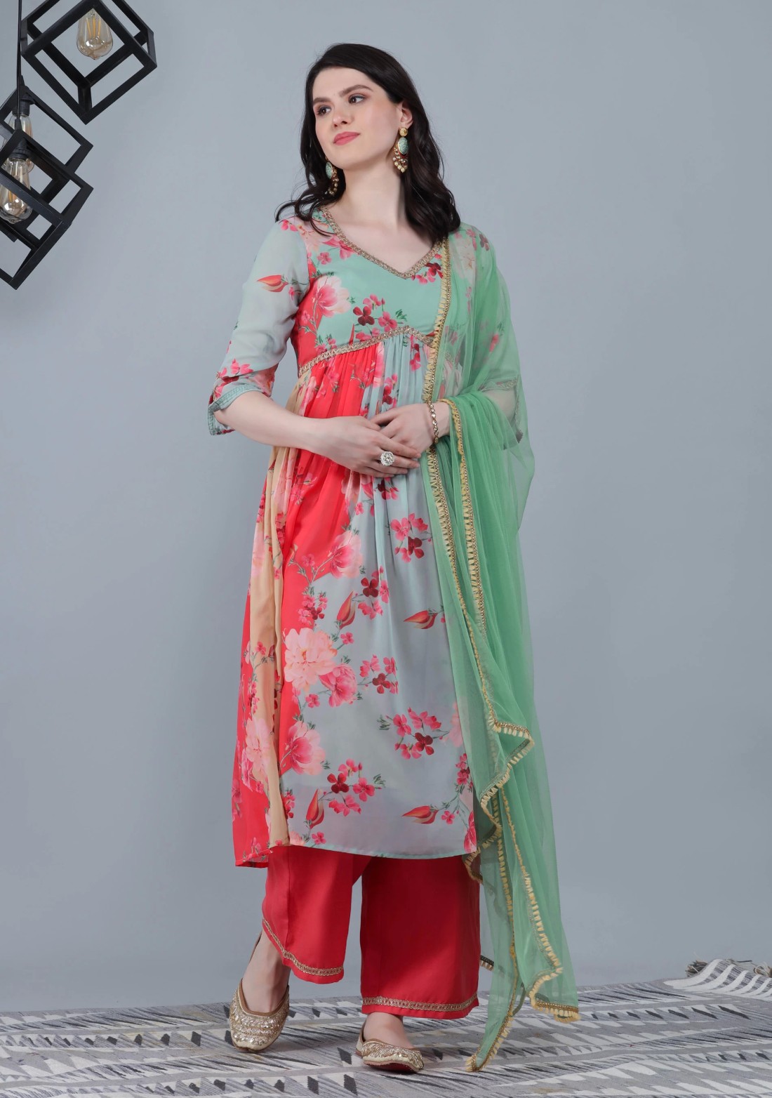 Multi-Colour Floral Printed Kurta Palazzo Dupatta Set