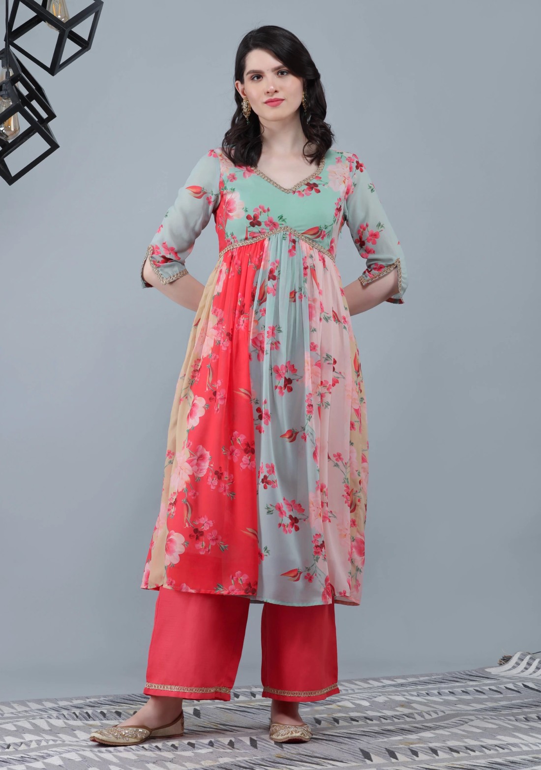 Multi-Colour Floral Printed Kurta Palazzo Dupatta Set