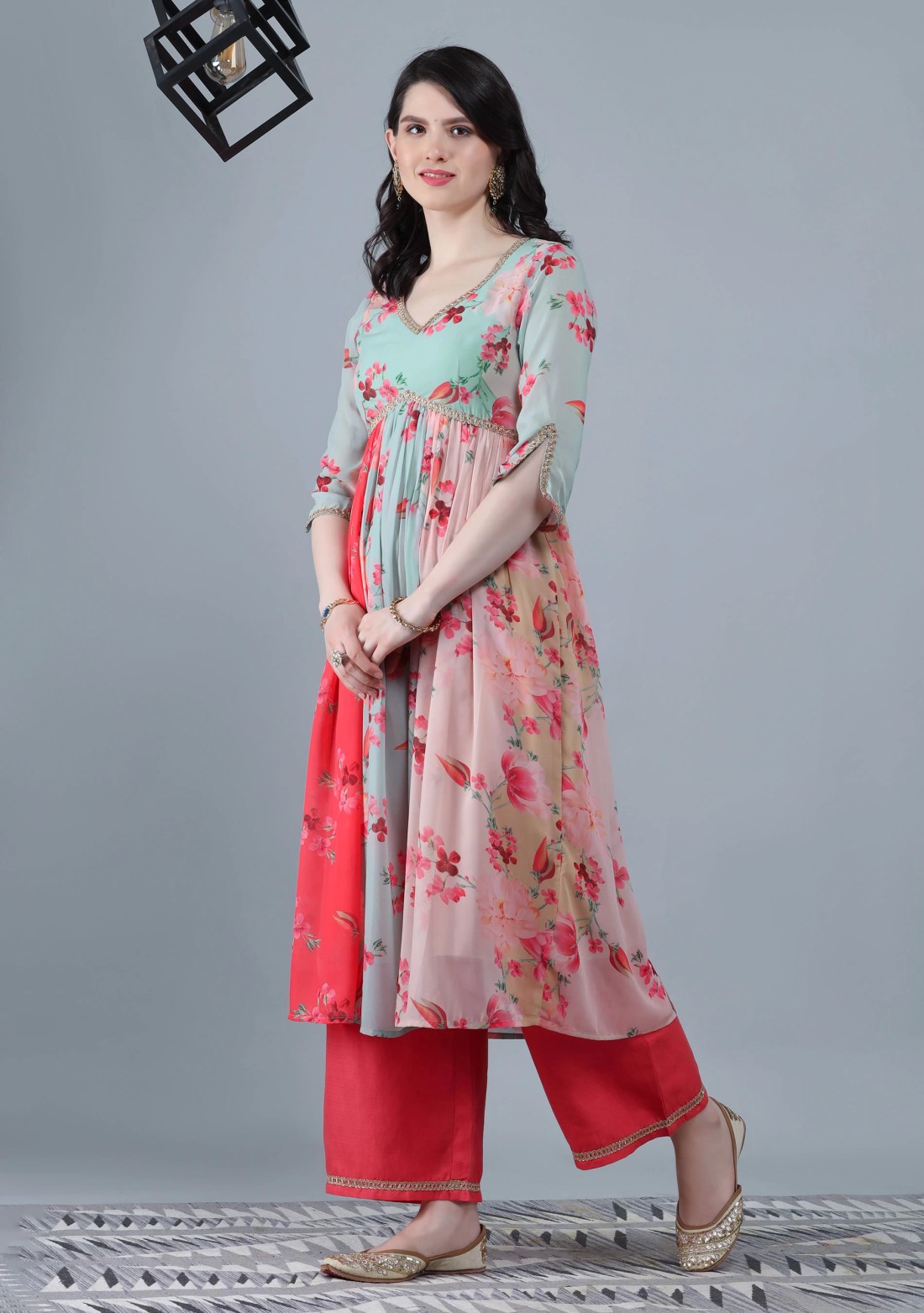 Multi-Colour Floral Printed Kurta Palazzo Dupatta Set