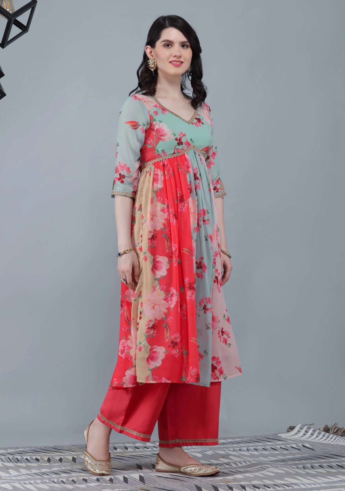 Multi-Colour Floral Printed Kurta Palazzo Dupatta Set