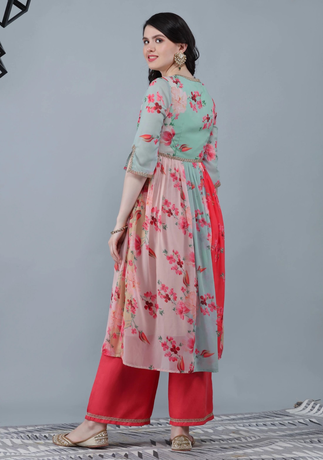 Multi-Colour Floral Printed Kurta Palazzo Dupatta Set