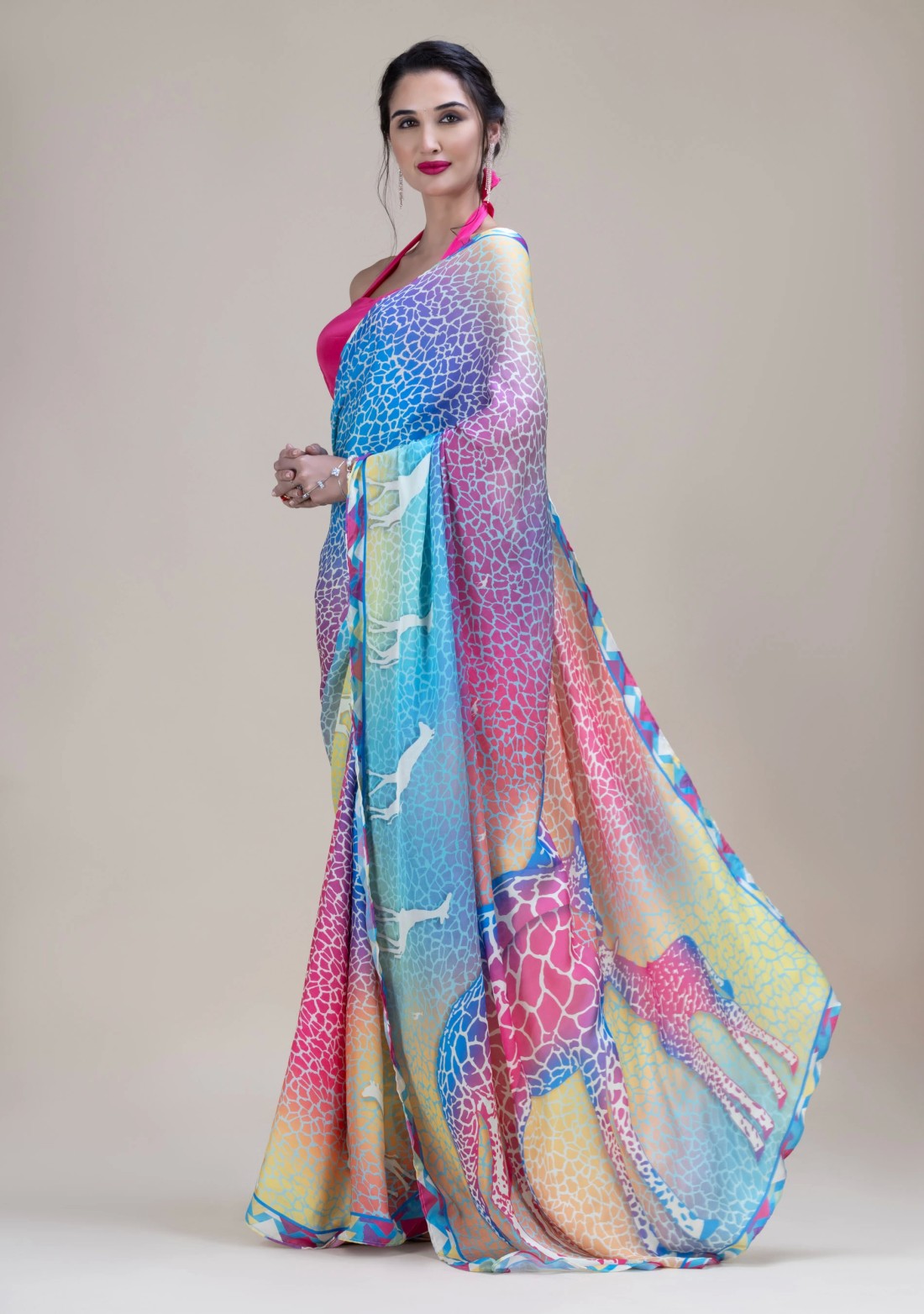 Multi Colour Giraffe Print Light Weight Satin Georgette Saree With Unstitched Blouse