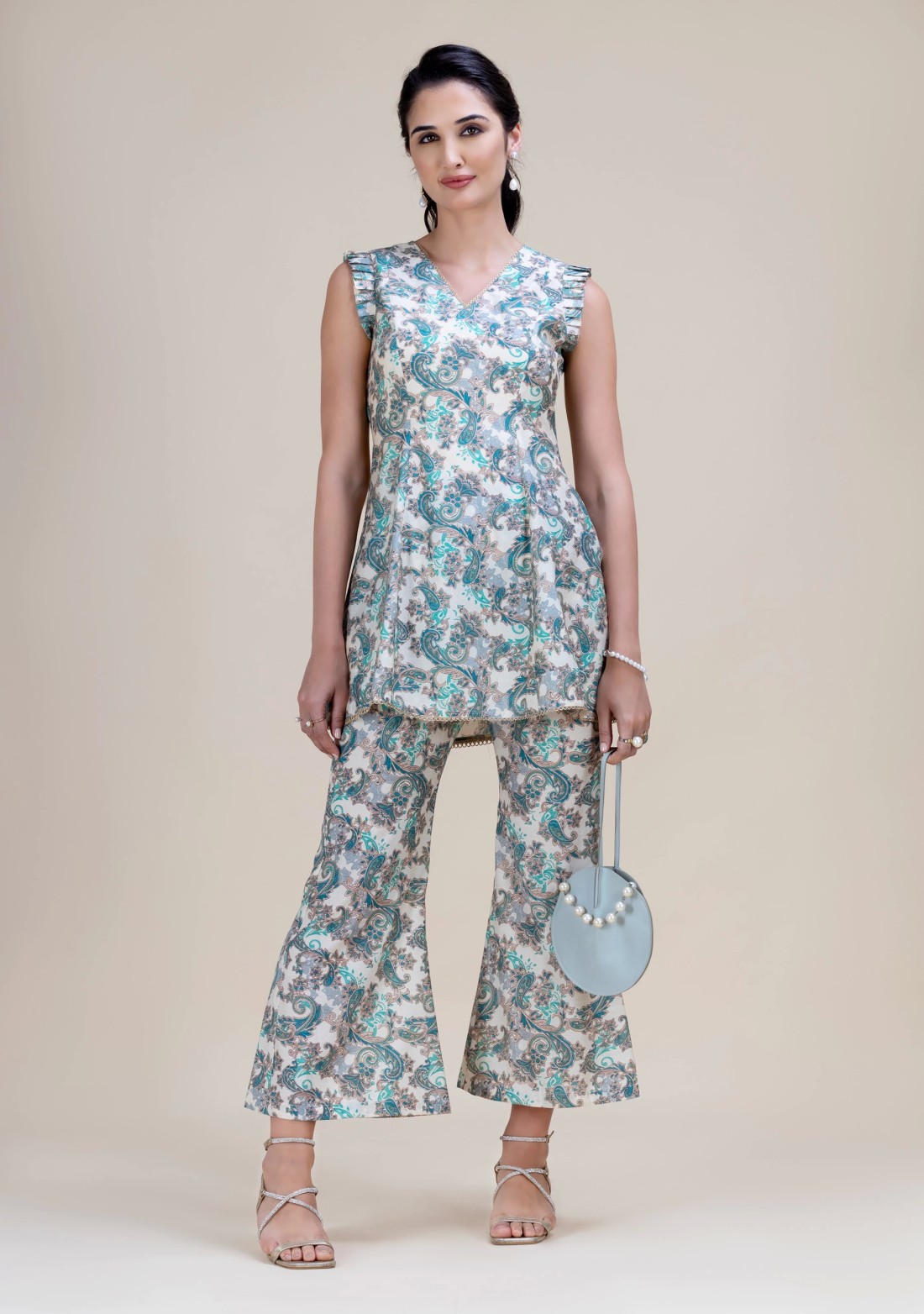 Teal & Gold Foil Paisley Printed Flared Tunic with Bell Pants Co-Ord Set