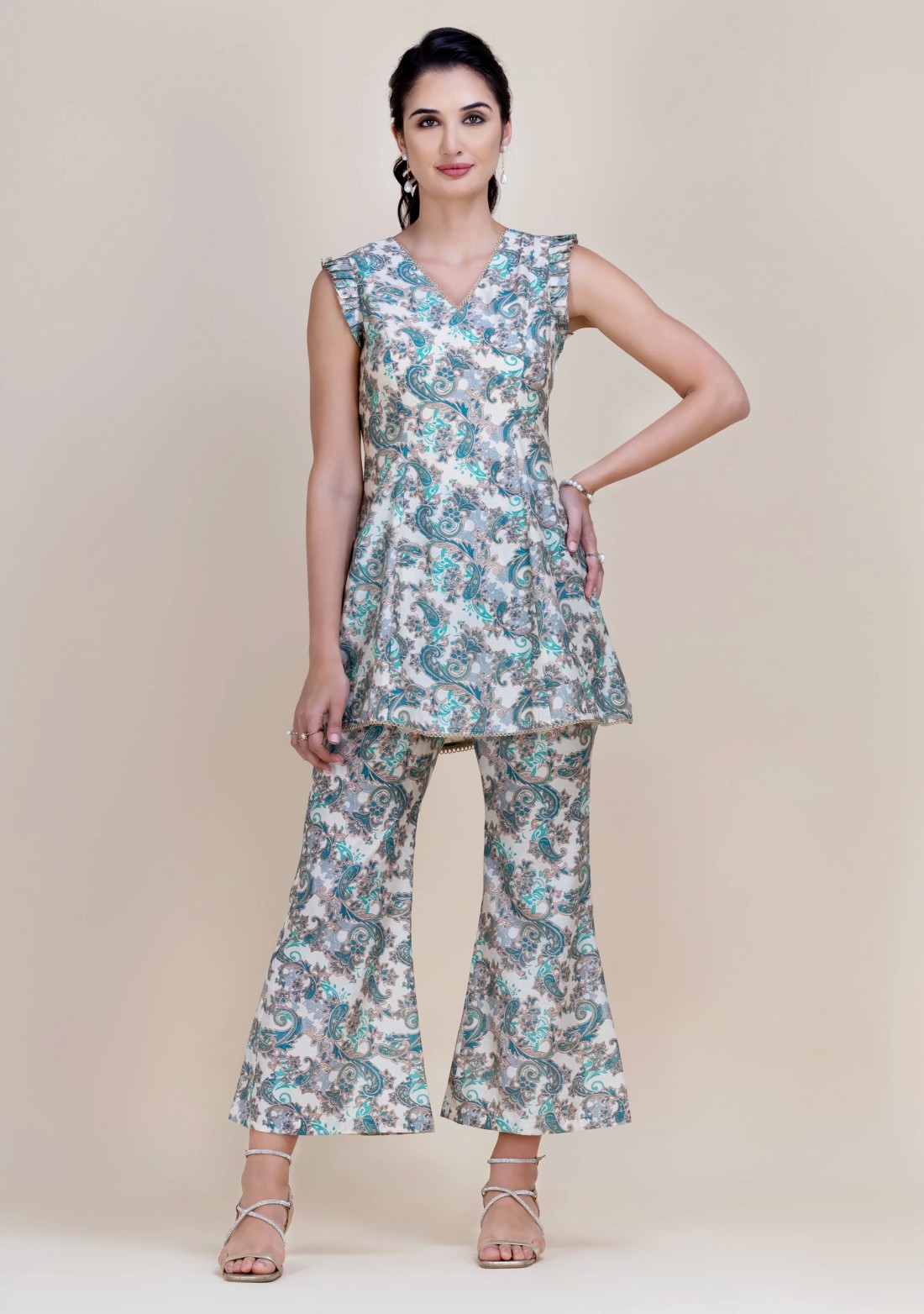 Teal & Gold Foil Paisley Printed Flared Tunic with Bell Pants Co-Ord Set