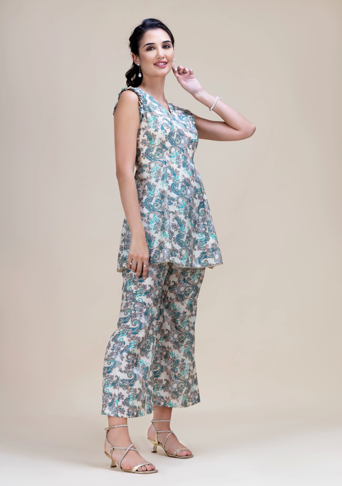 Teal & Gold Foil Paisley Printed Flared Tunic with Bell Pants Co-Ord Set