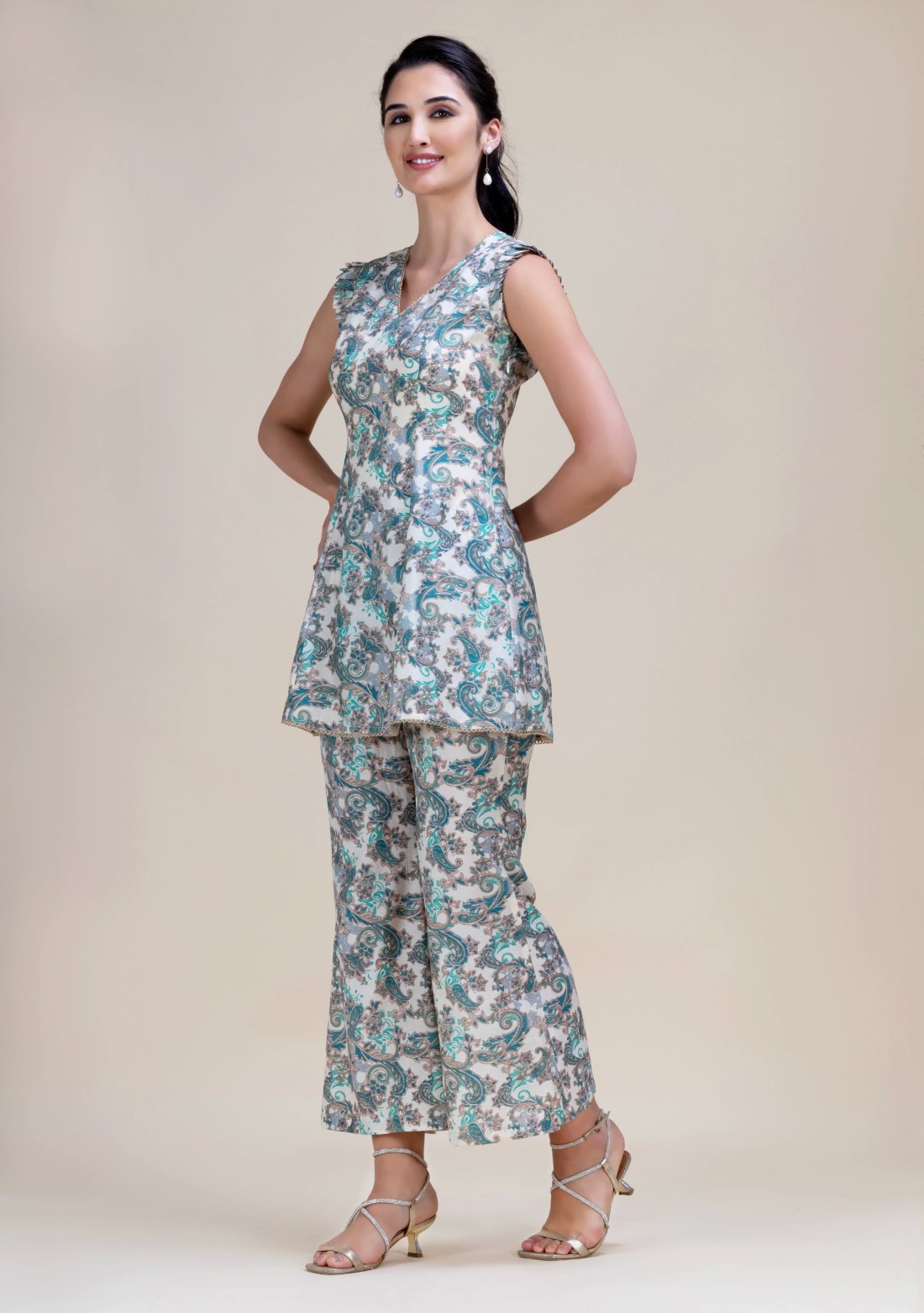 Teal & Gold Foil Paisley Printed Flared Tunic with Bell Pants Co-Ord Set