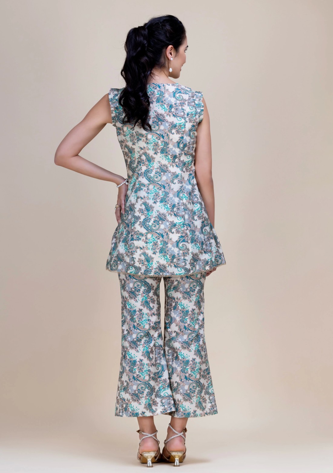 Teal & Gold Foil Paisley Printed Flared Tunic with Bell Pants Co-Ord Set