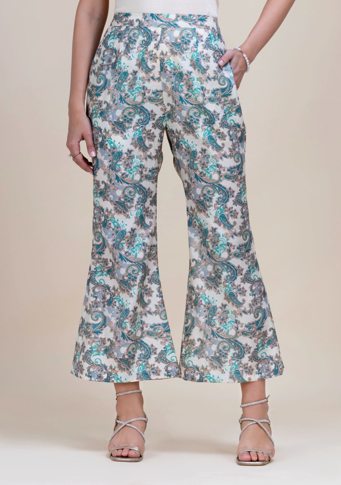 Teal & Gold Foil Paisley Printed Flared Tunic with Bell Pants Co-Ord Set