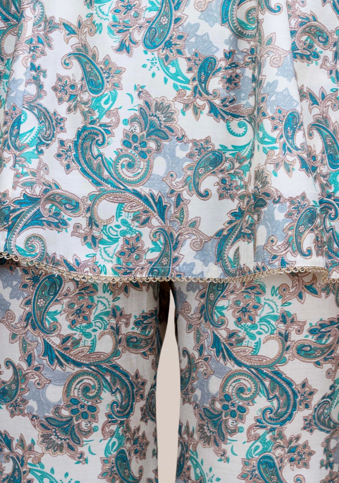 Teal & Gold Foil Paisley Printed Flared Tunic with Bell Pants Co-Ord Set