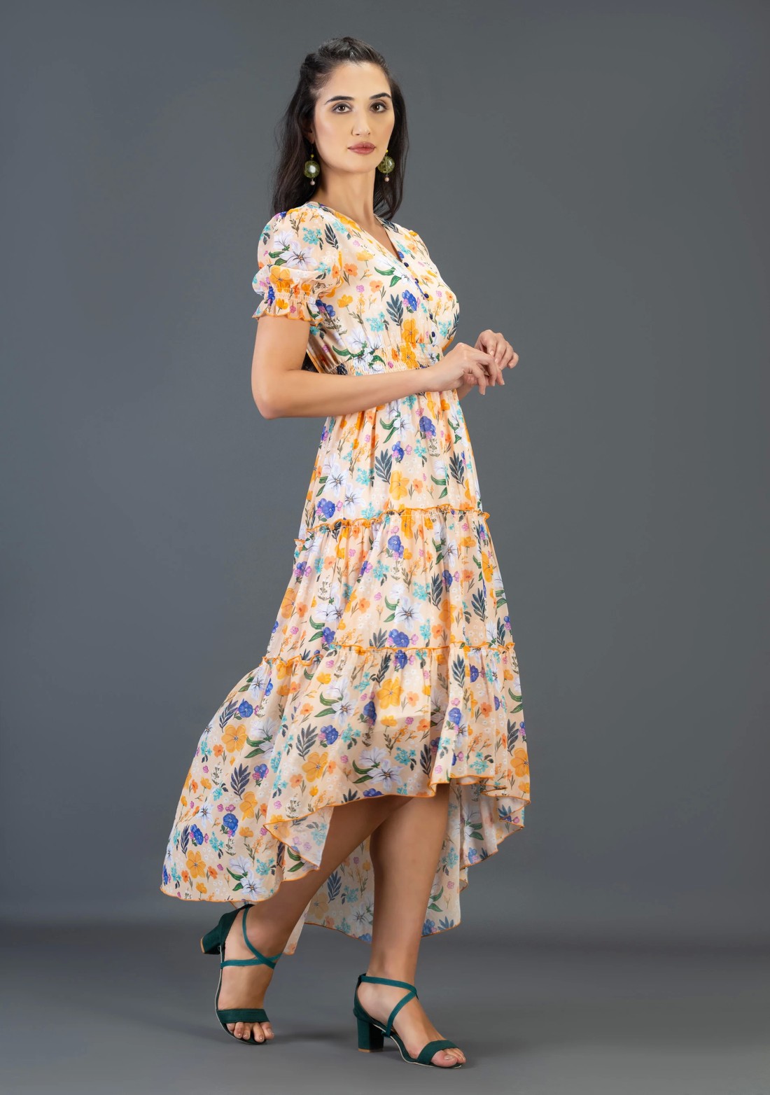 Multi Colour Floral Print Georgette Tiered Long Dress