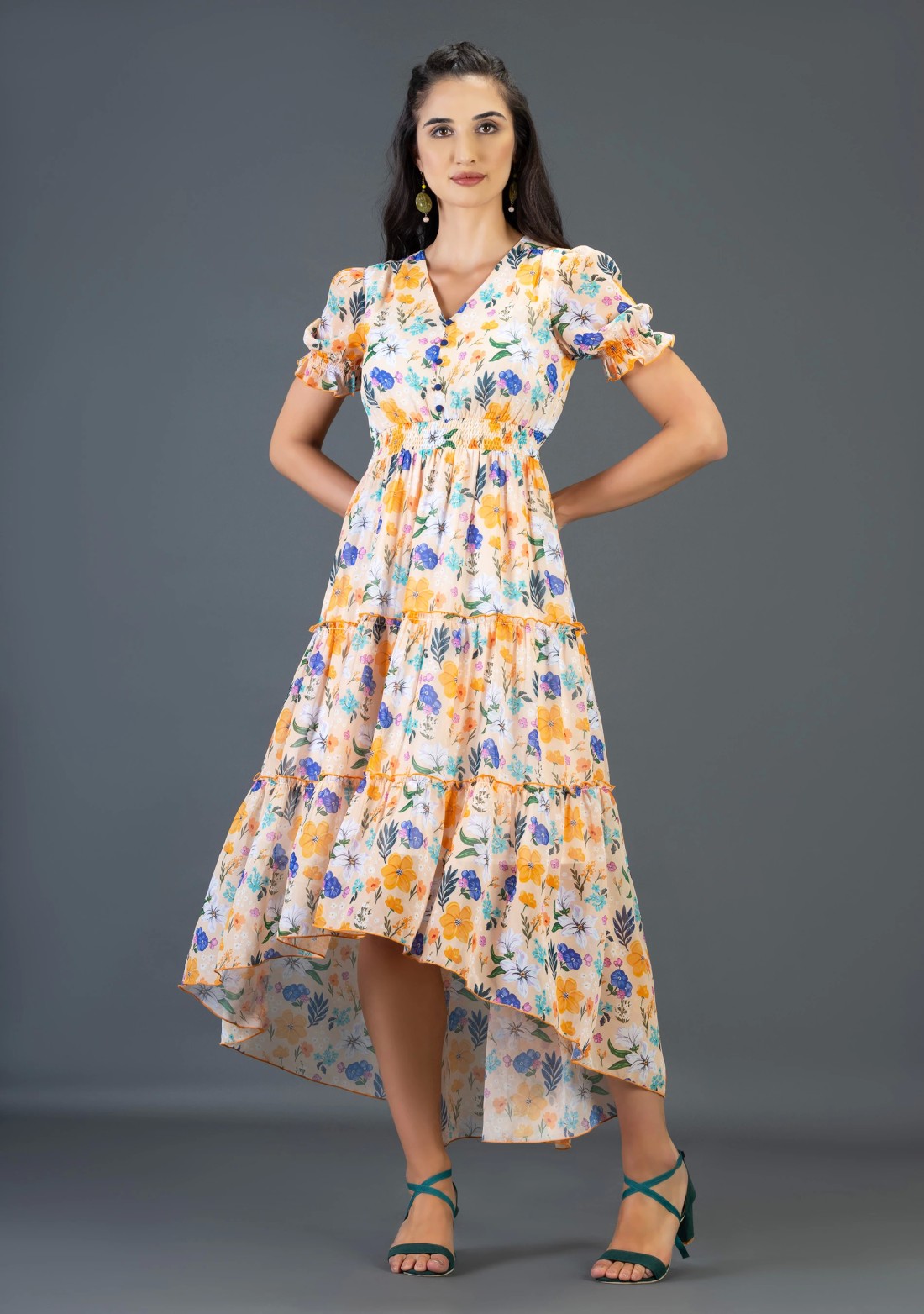 Multi Colour Floral Print Georgette Tiered Long Dress