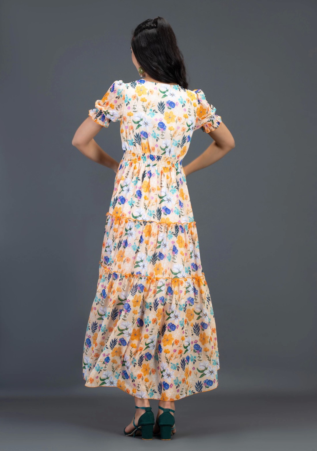 Multi Colour Floral Print Georgette Tiered Long Dress