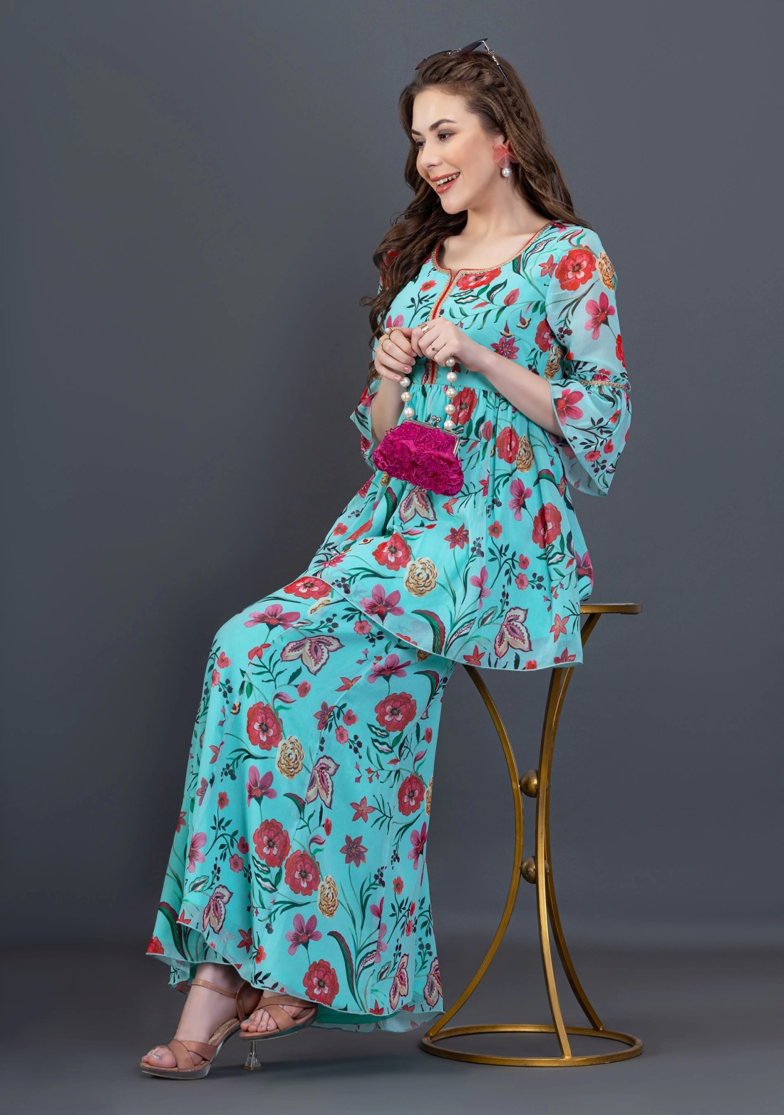 Turquoise Oriental Floral printed Peplum Kurta Sharara Co-Ord Set