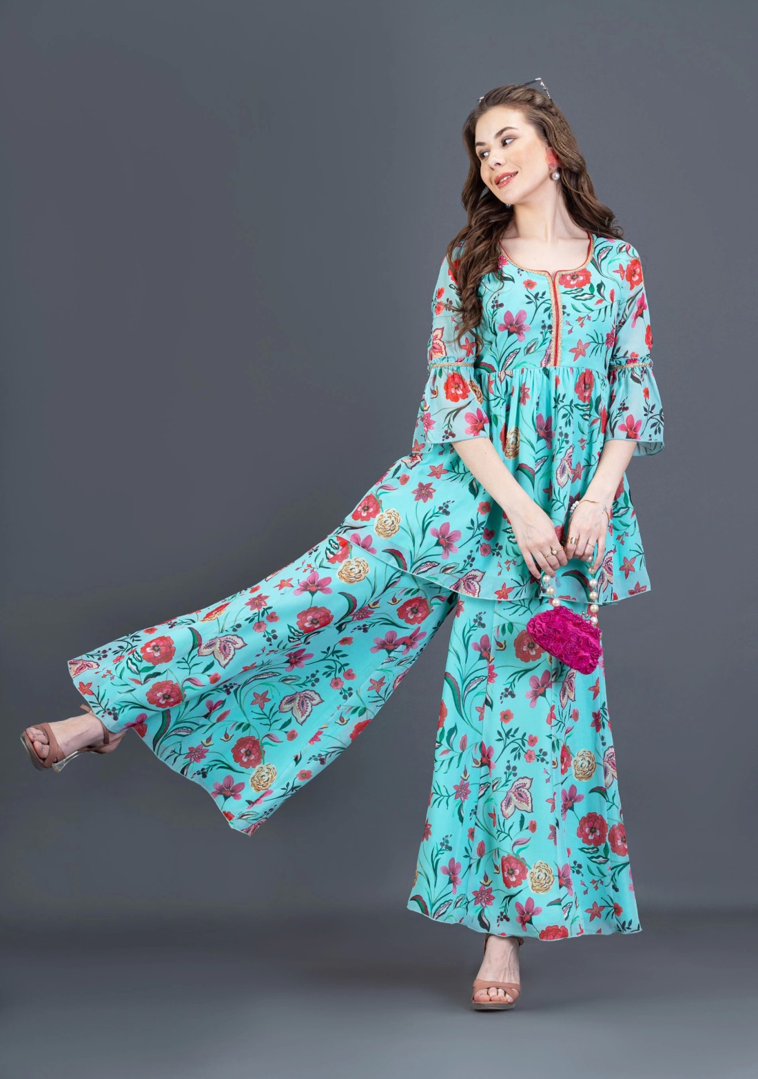 Turquoise Oriental Floral printed Peplum Kurta Sharara Co-Ord Set