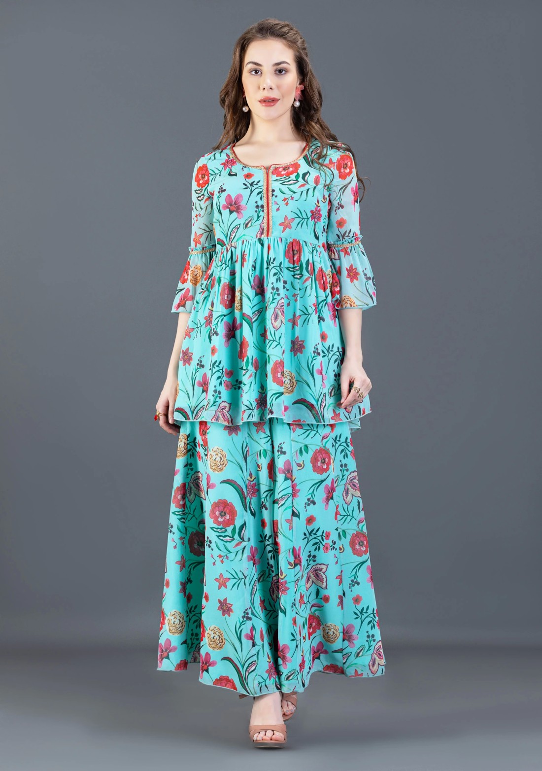 Turquoise Oriental Floral printed Peplum Kurta Sharara Co-Ord Set