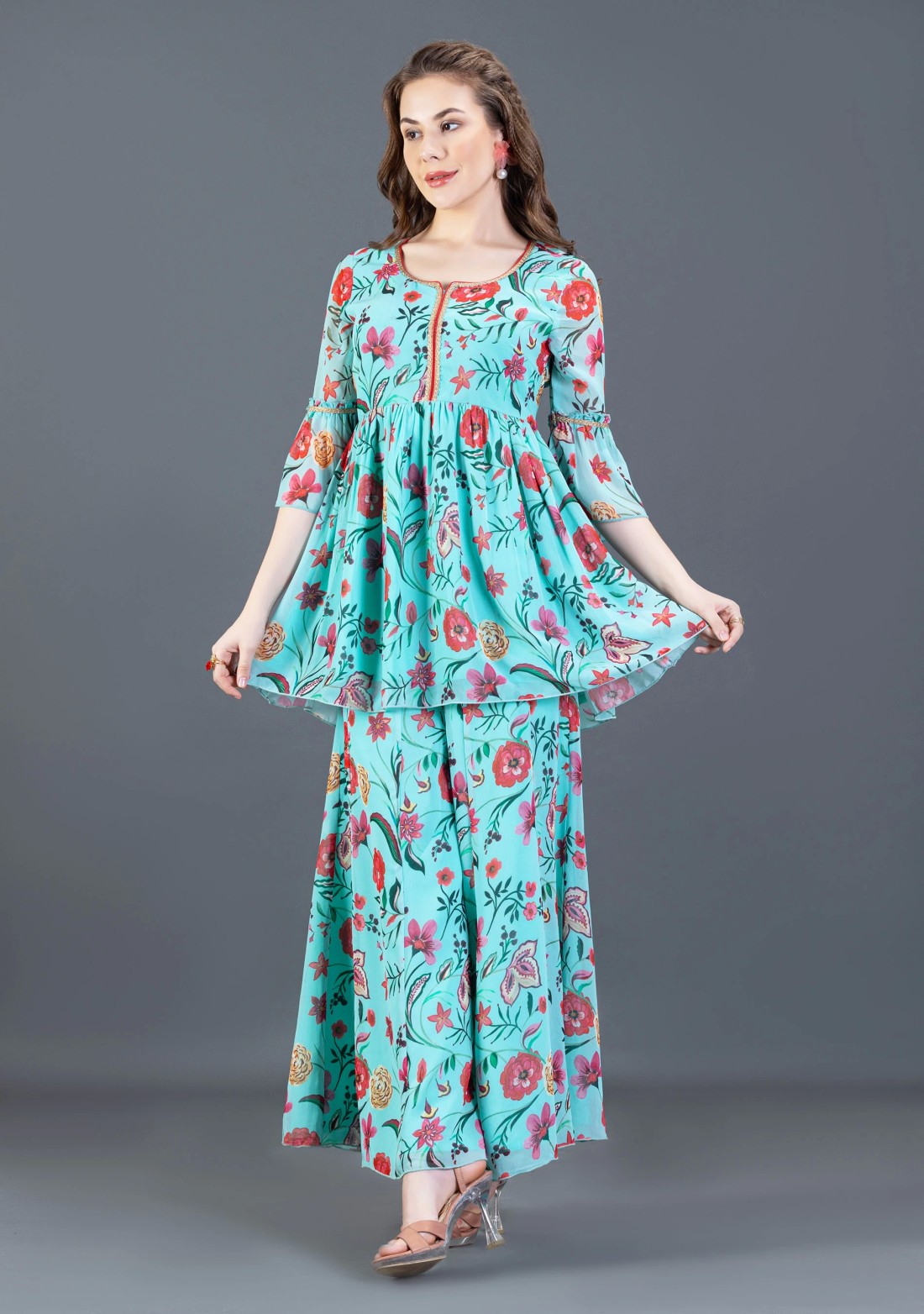 Turquoise Oriental Floral printed Peplum Kurta Sharara Co-Ord Set