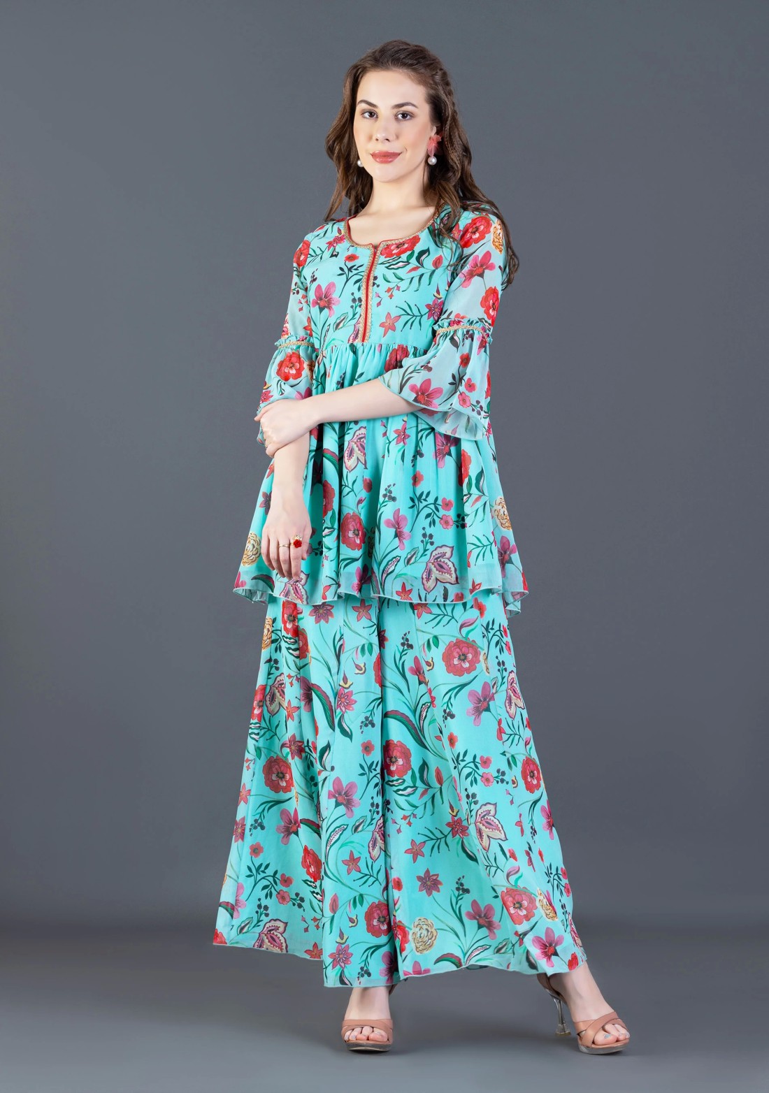 Turquoise Oriental Floral printed Peplum Kurta Sharara Co-Ord Set