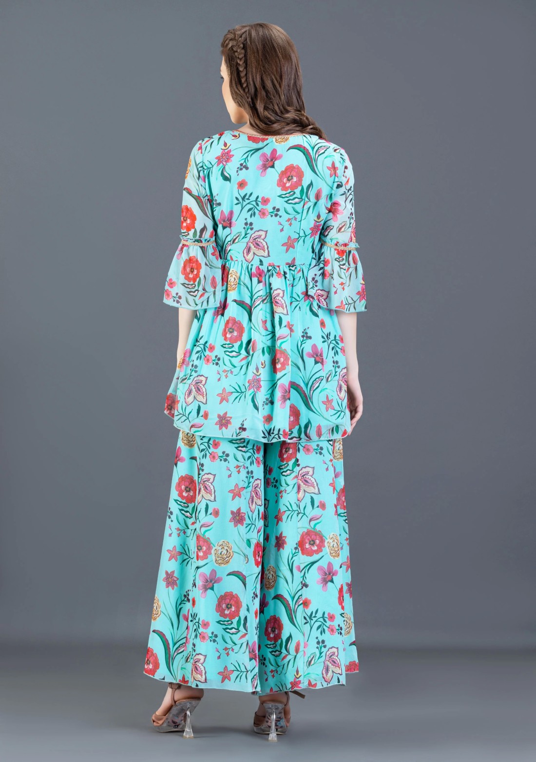 Turquoise Oriental Floral printed Peplum Kurta Sharara Co-Ord Set