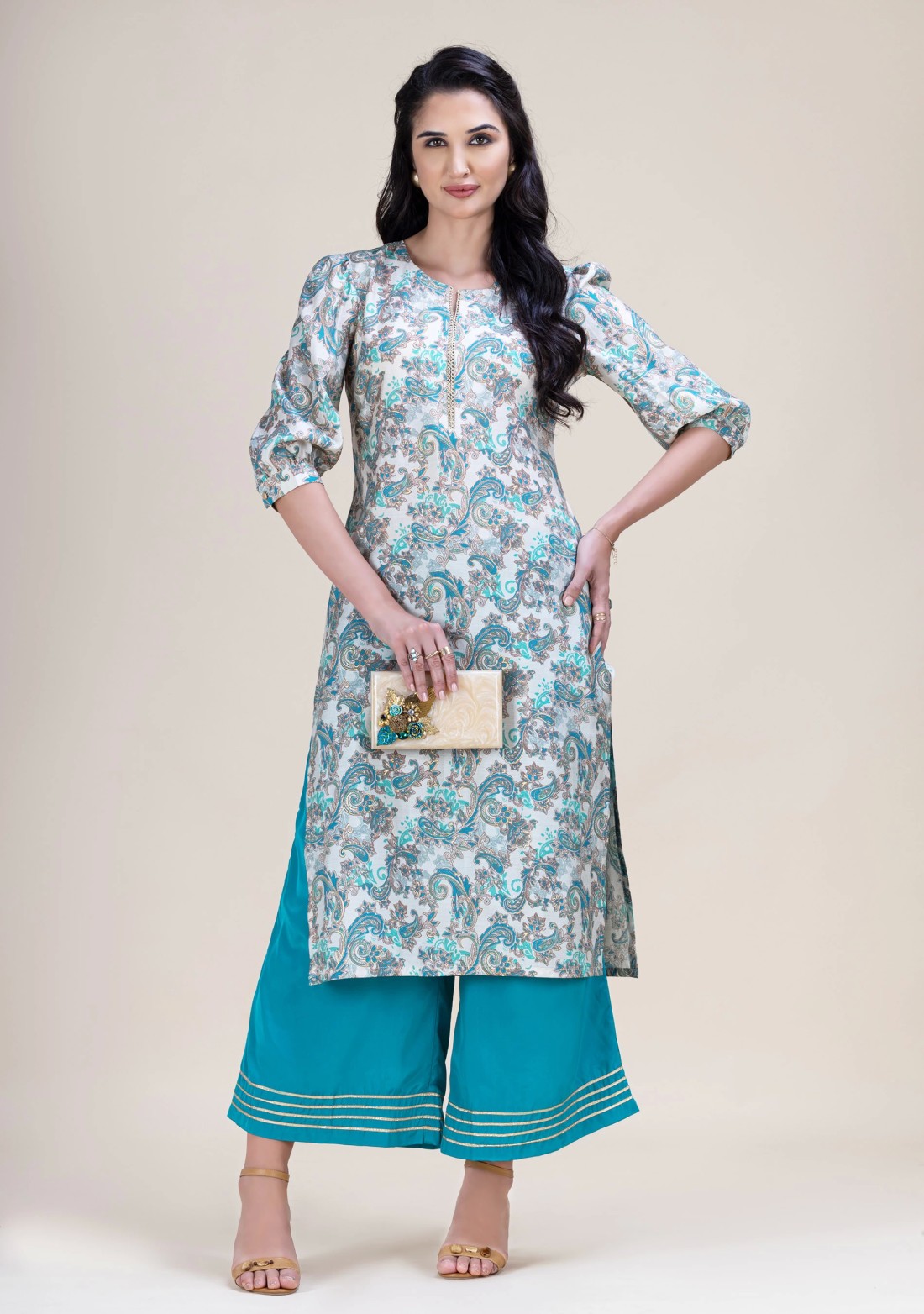 Teal Green & Gold Foil Paisley Printed Straight Kurta