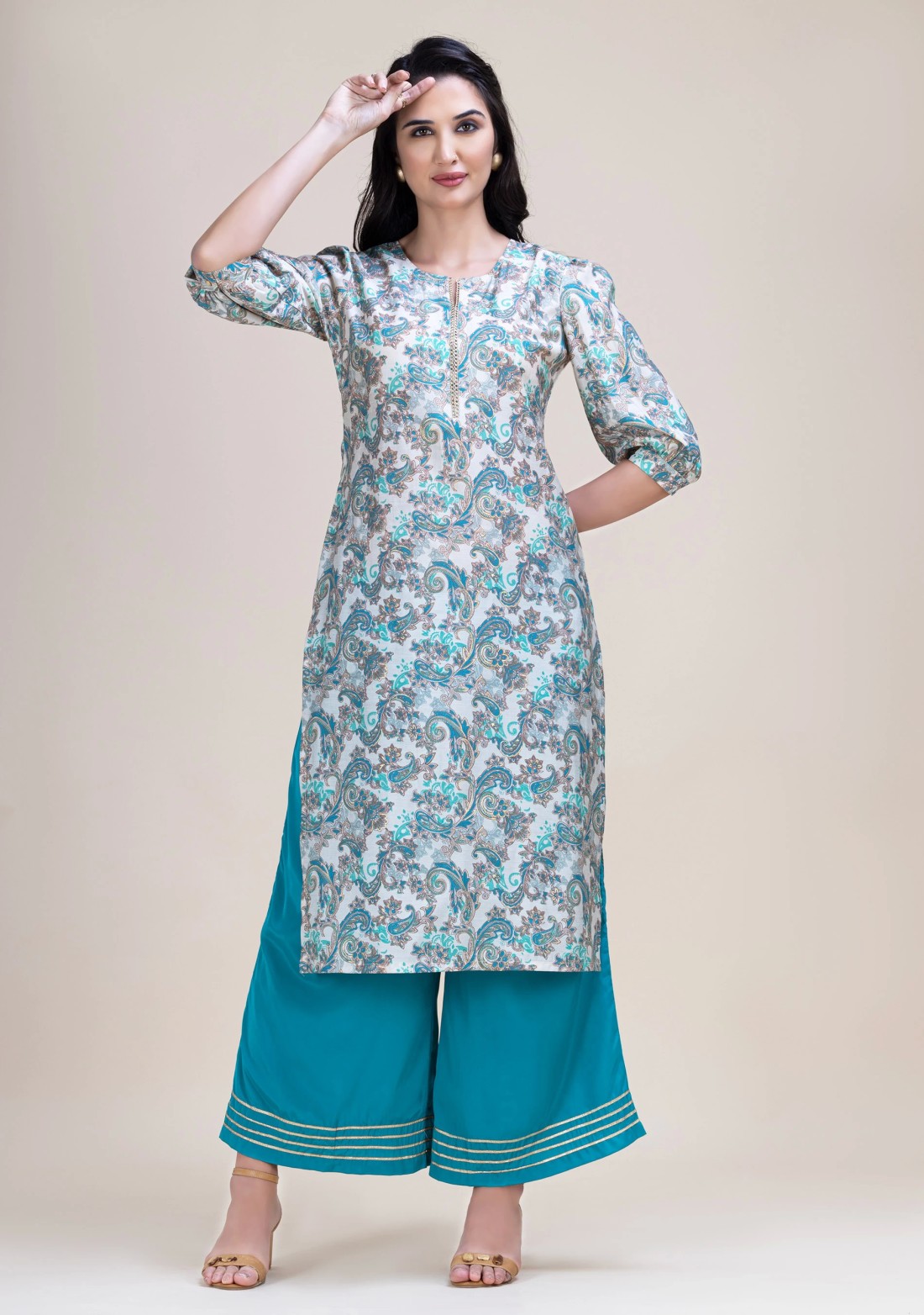 Teal Green & Gold Foil Paisley Printed Straight Kurta