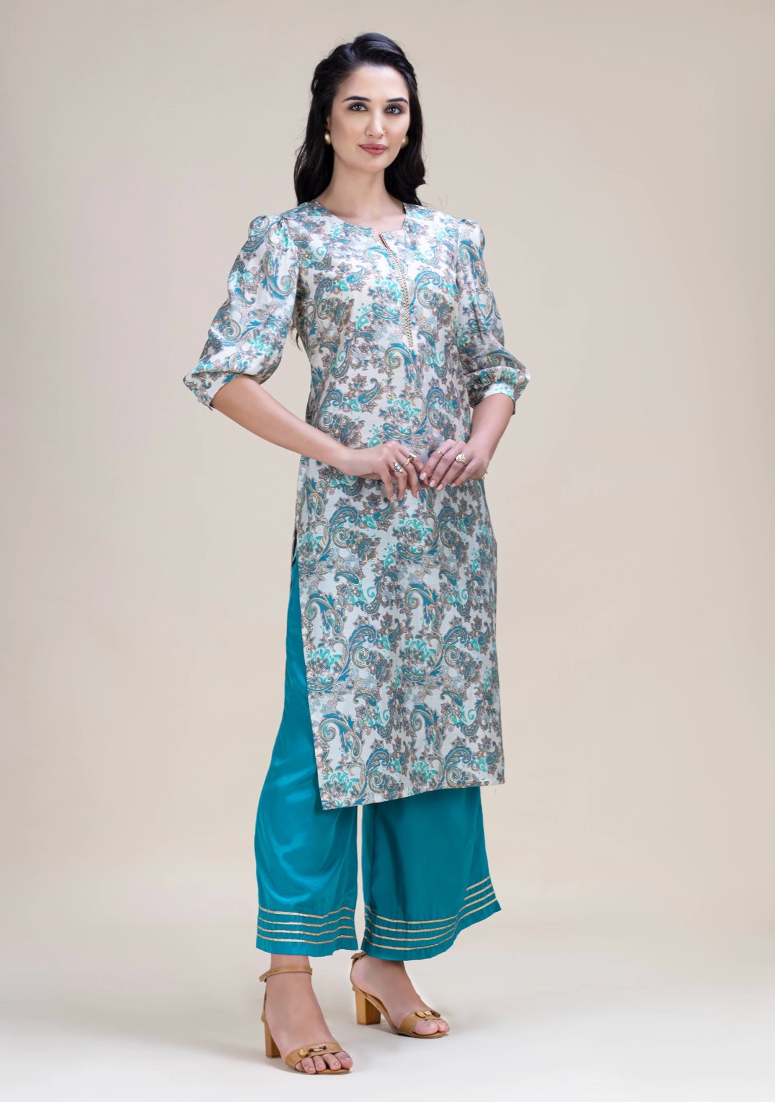 Teal Green & Gold Foil Paisley Printed Straight Kurta