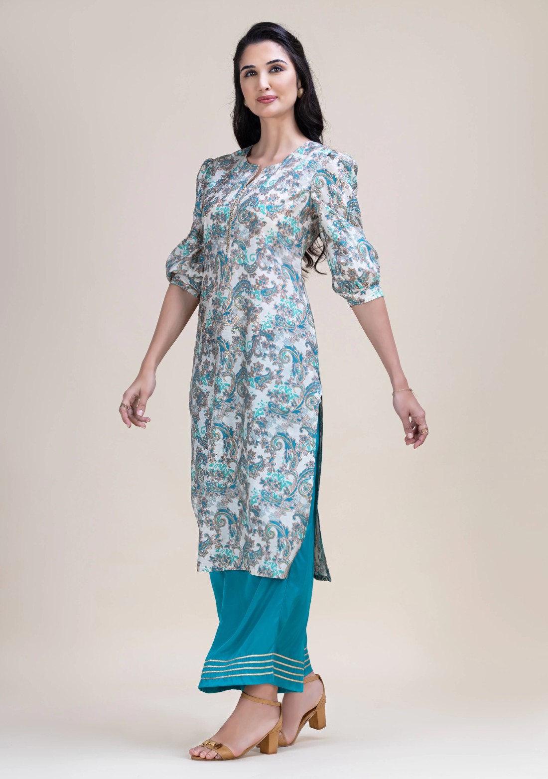 Teal Green & Gold Foil Paisley Printed Straight Kurta