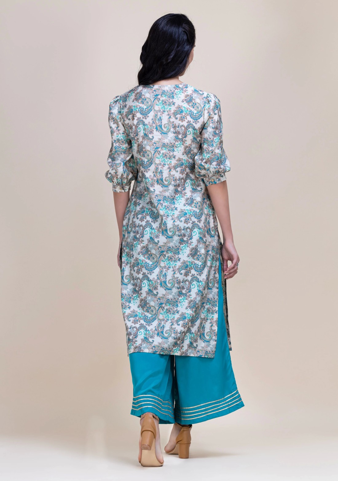 Teal Green & Gold Foil Paisley Printed Straight Kurta