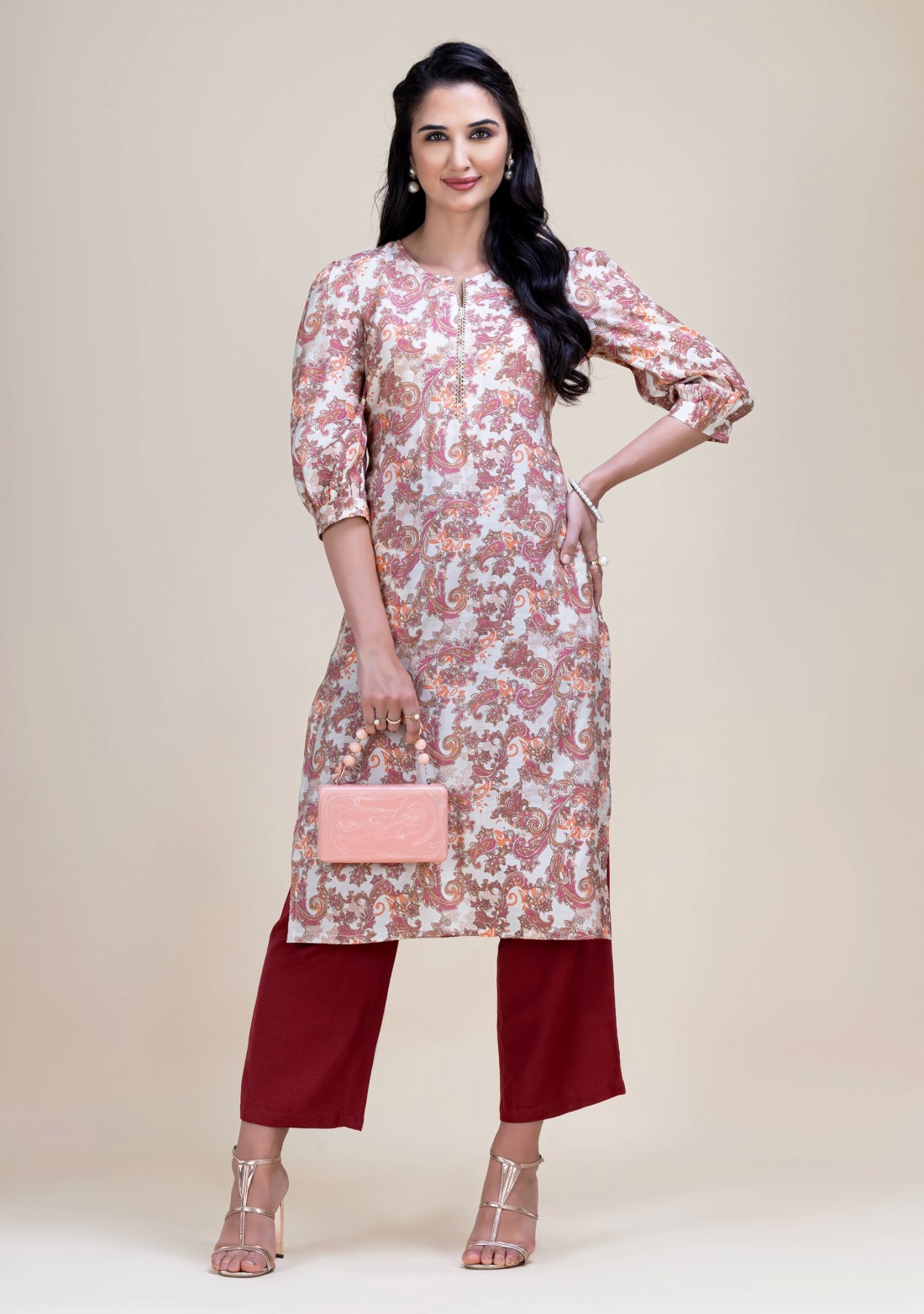 Maroon & Gold Foil Paisley Printed Straight Kurta