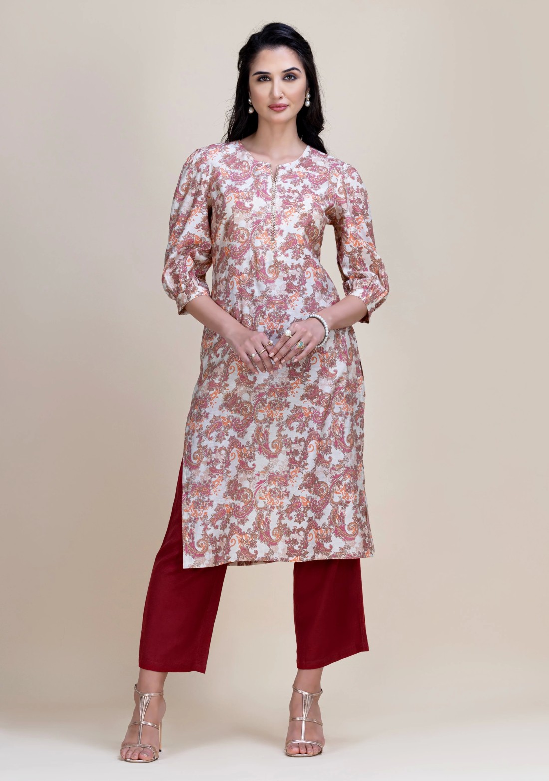 Maroon & Gold Foil Paisley Printed Straight Kurta