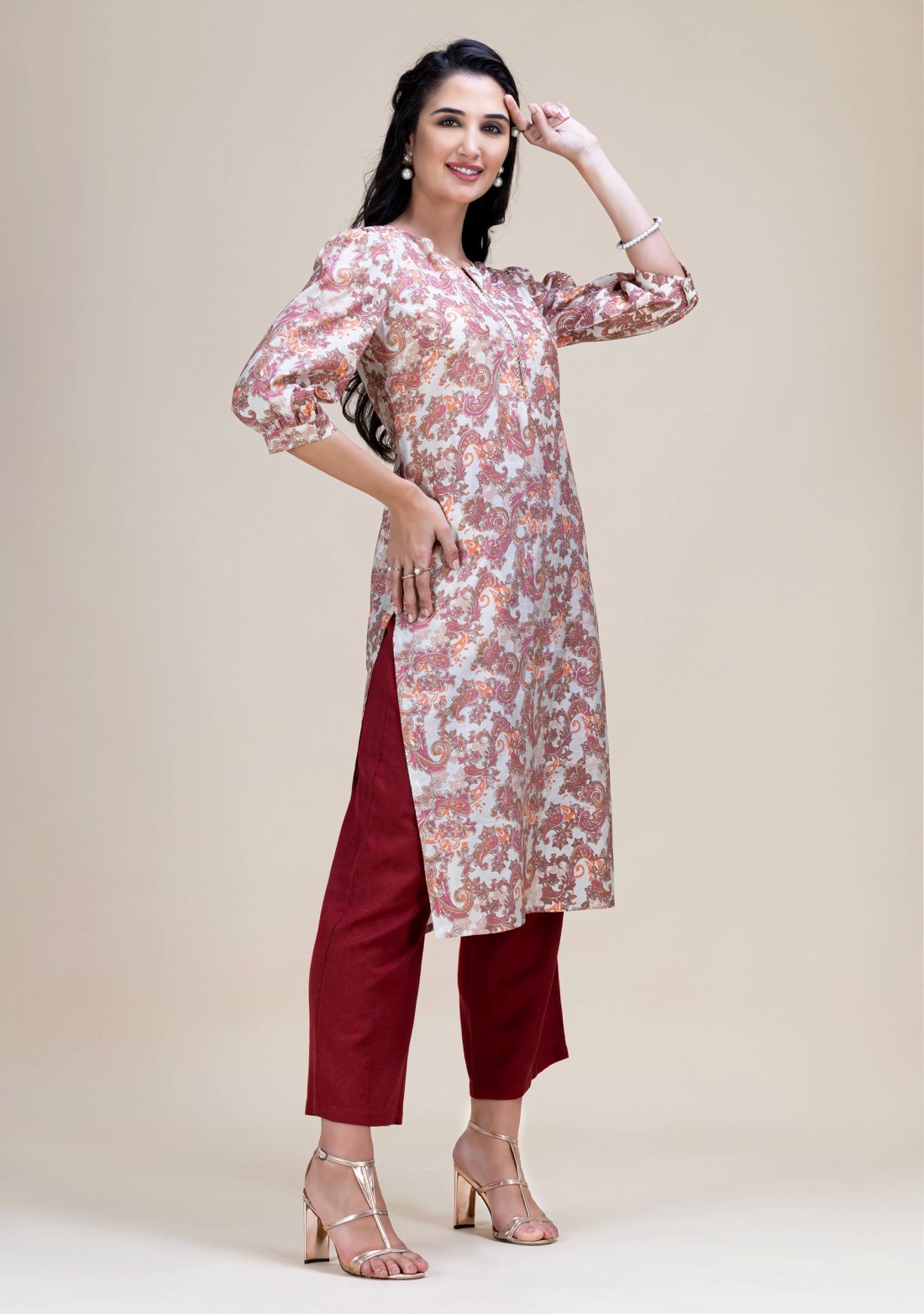 Maroon & Gold Foil Paisley Printed Straight Kurta