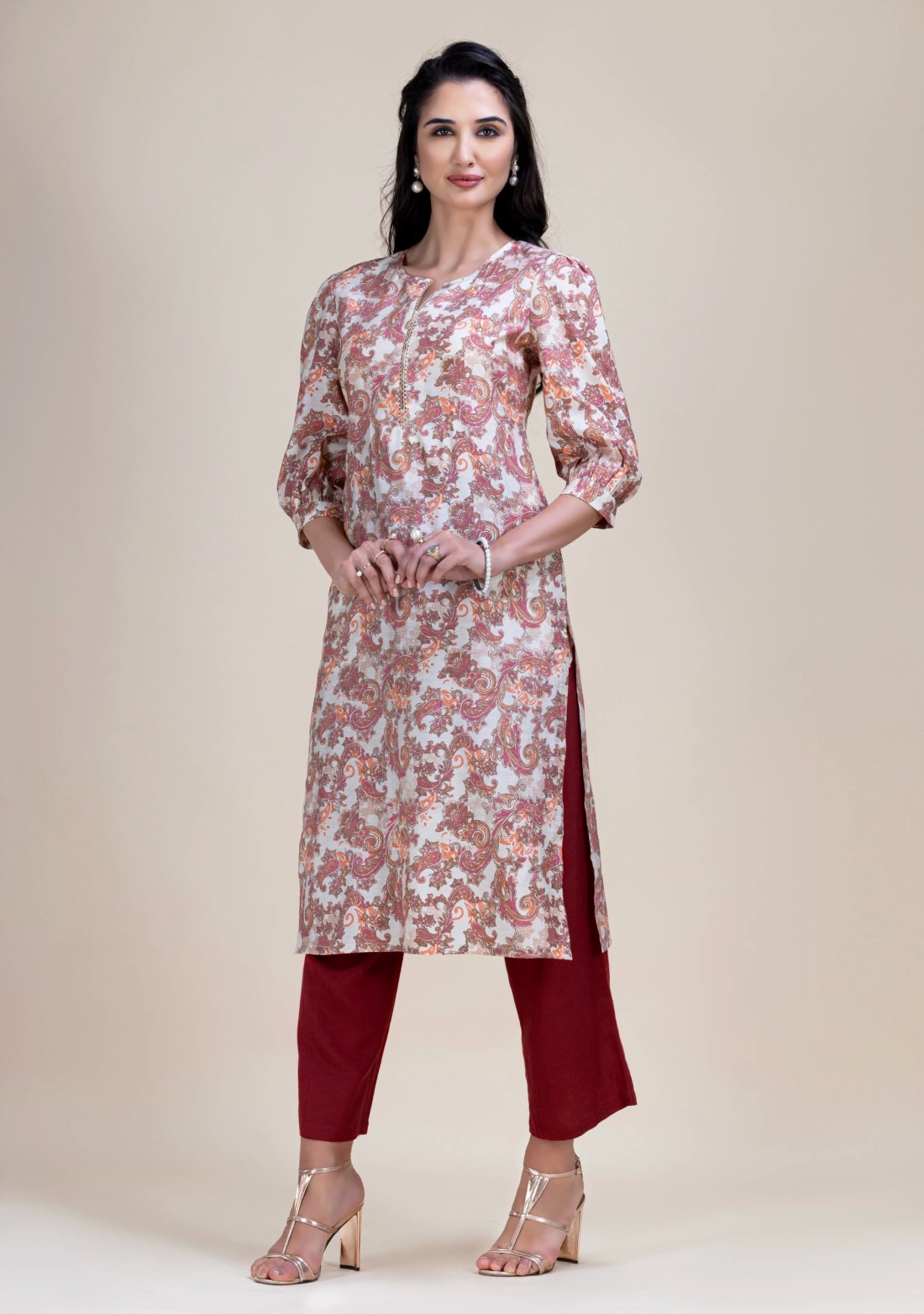 Maroon & Gold Foil Paisley Printed Straight Kurta