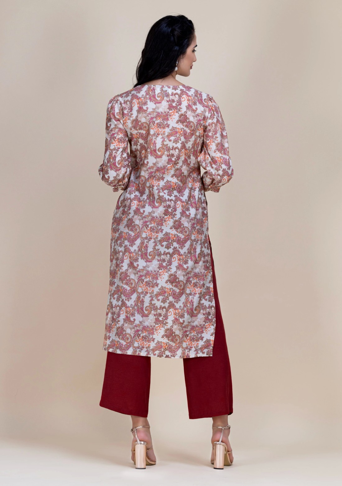 Maroon & Gold Foil Paisley Printed Straight Kurta