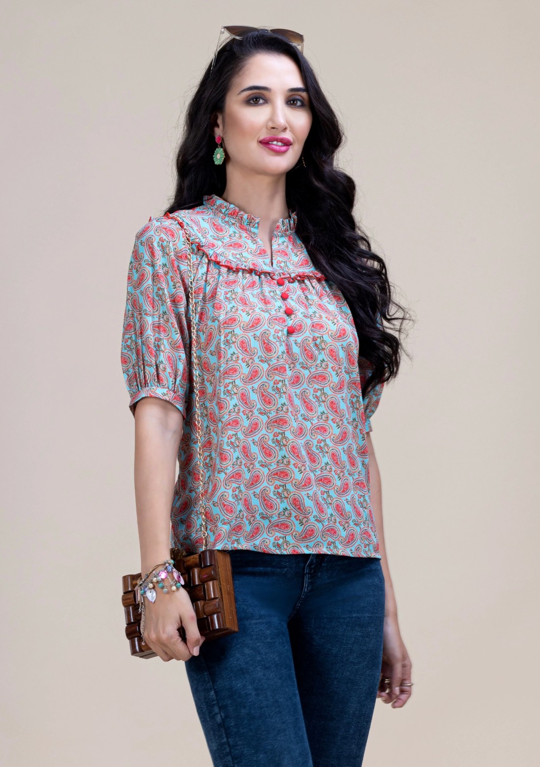 Turquoise Paisley Print Relax Fit A-Line Top