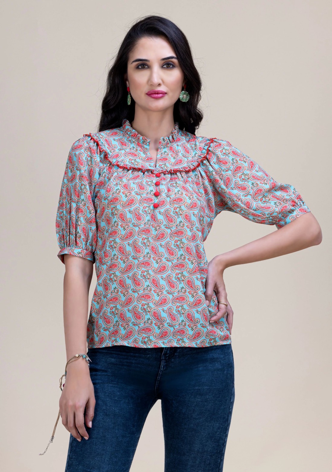 Turquoise Paisley Print Relax Fit A-Line Top