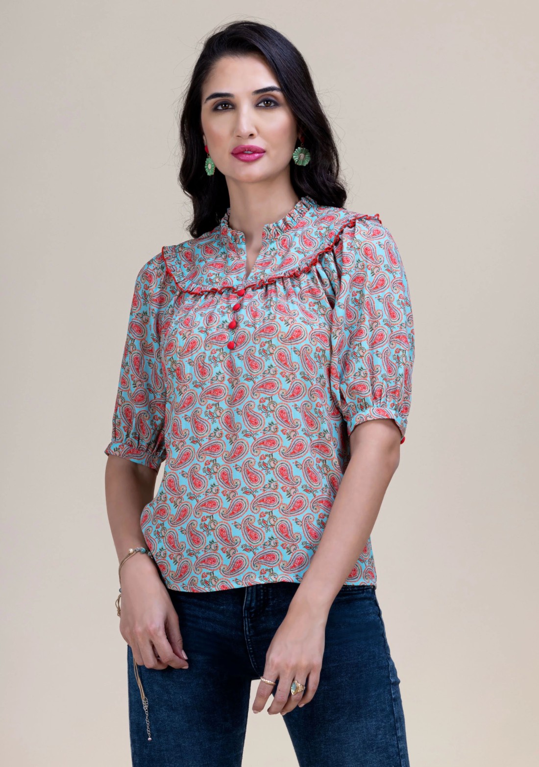 Turquoise Paisley Print Relax Fit A-Line Top