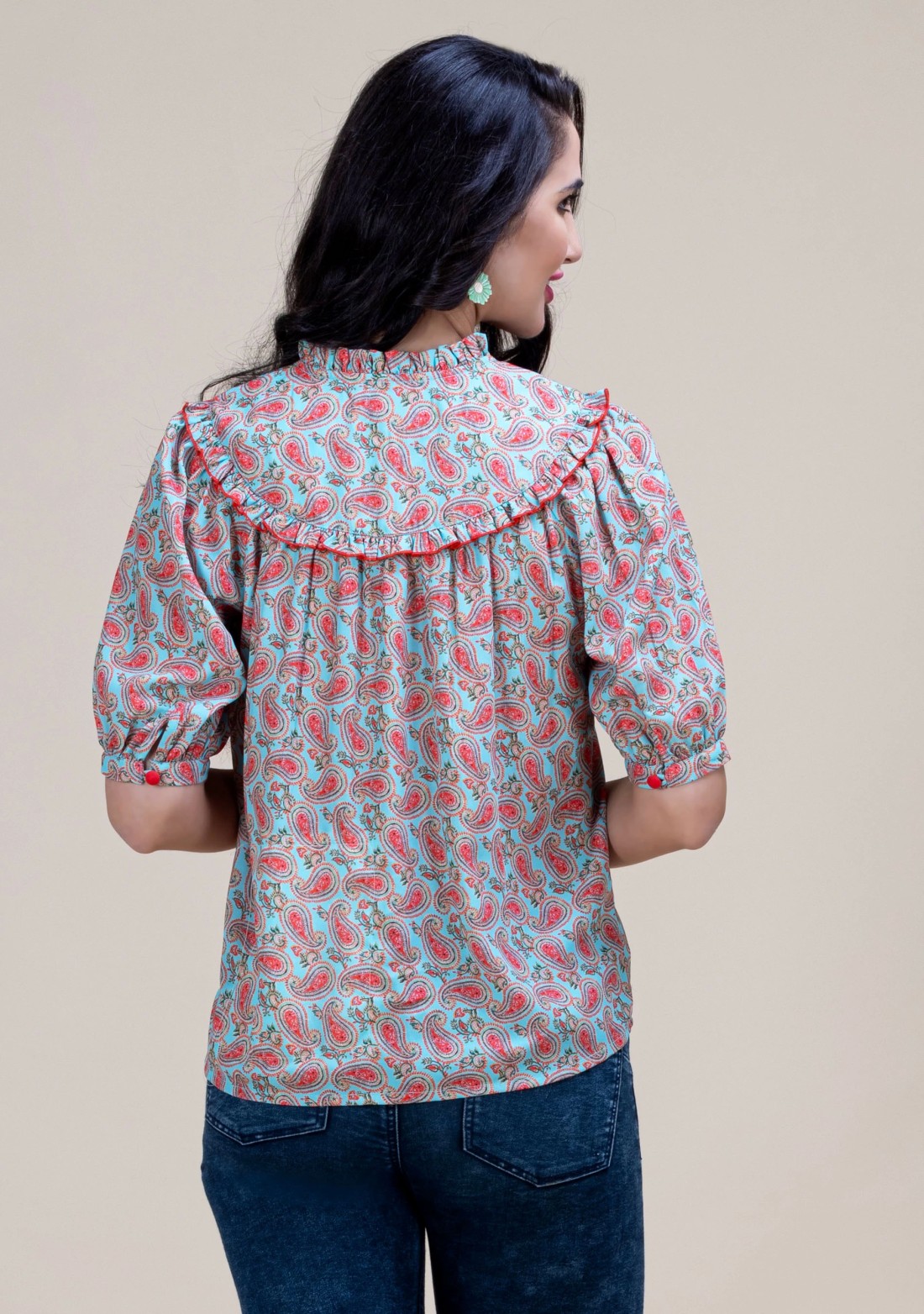 Turquoise Paisley Print Relax Fit A-Line Top