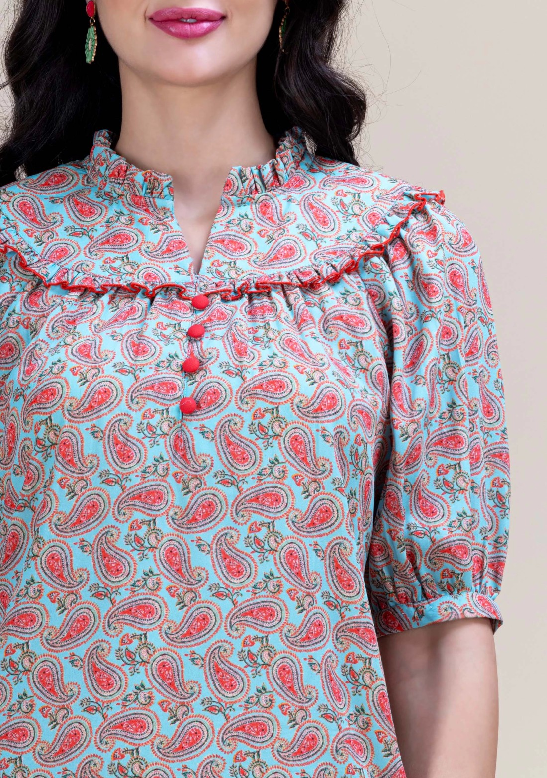 Turquoise Paisley Print Relax Fit A-Line Top