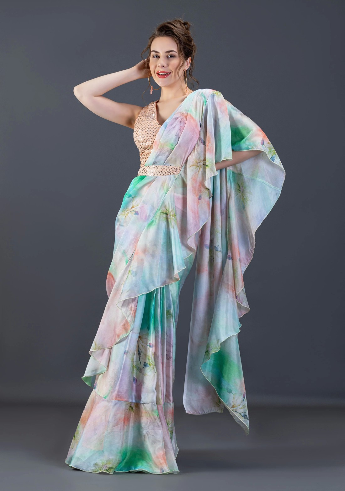 Green & Peach Ready-To-Wear Ruffled Saree With Stitched Embroidered Blouse