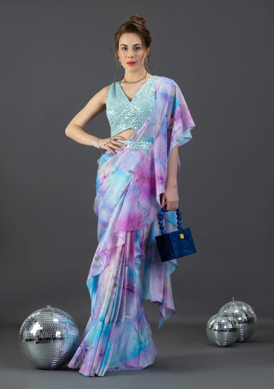 Blue & Lavender Ready-To-Wear Ruffled Saree With Stitched Embroidered Blouse