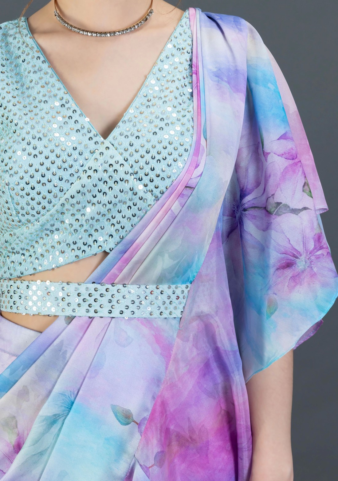 Blue & Lavender Ready-To-Wear Ruffled Saree With Stitched Embroidered Blouse