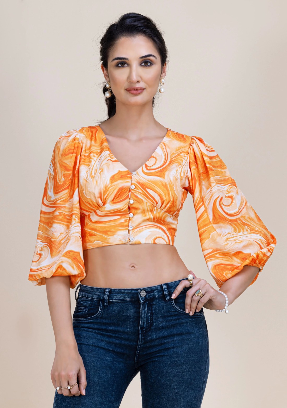 Orange Marble Printed Moss Crepe Crop Top