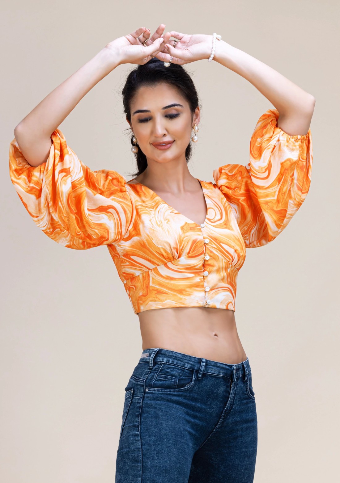 Orange Marble Printed Moss Crepe Crop Top