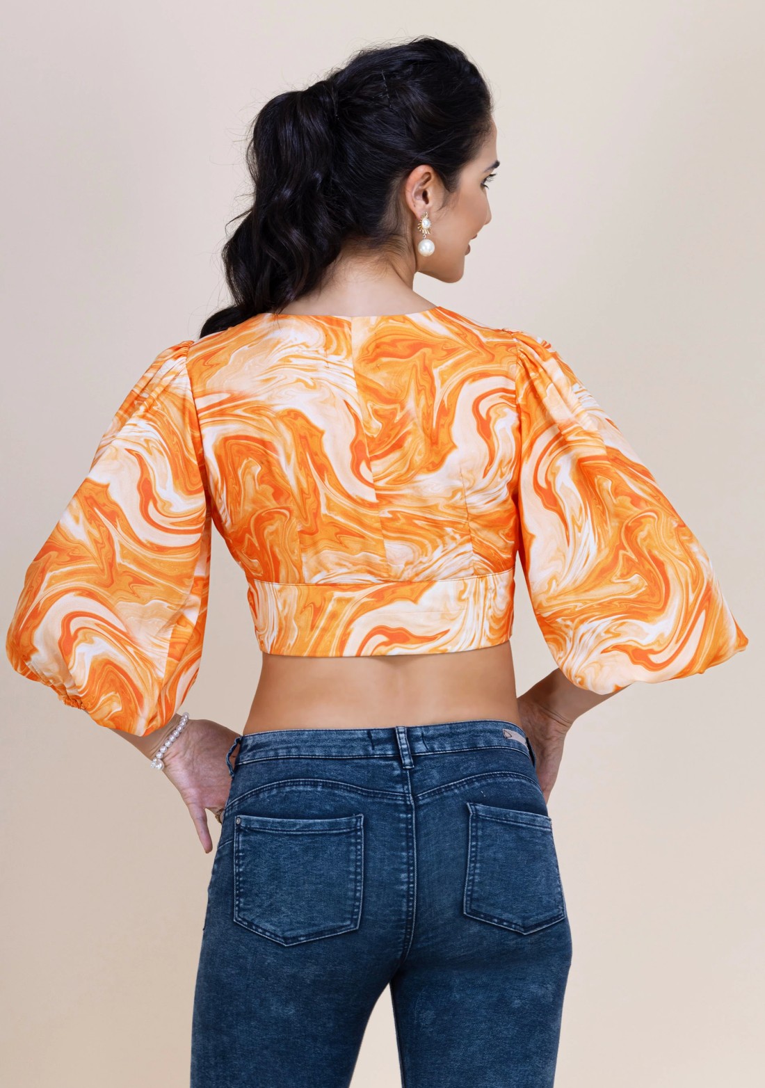 Orange Marble Printed Moss Crepe Crop Top