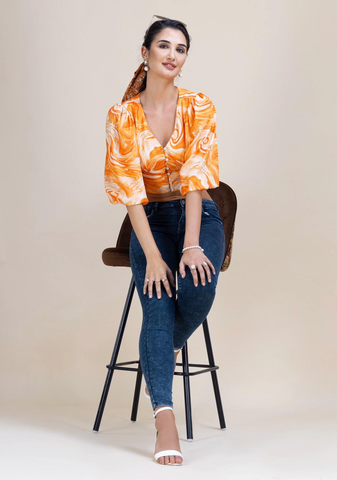 Orange Marble Printed Moss Crepe Crop Top