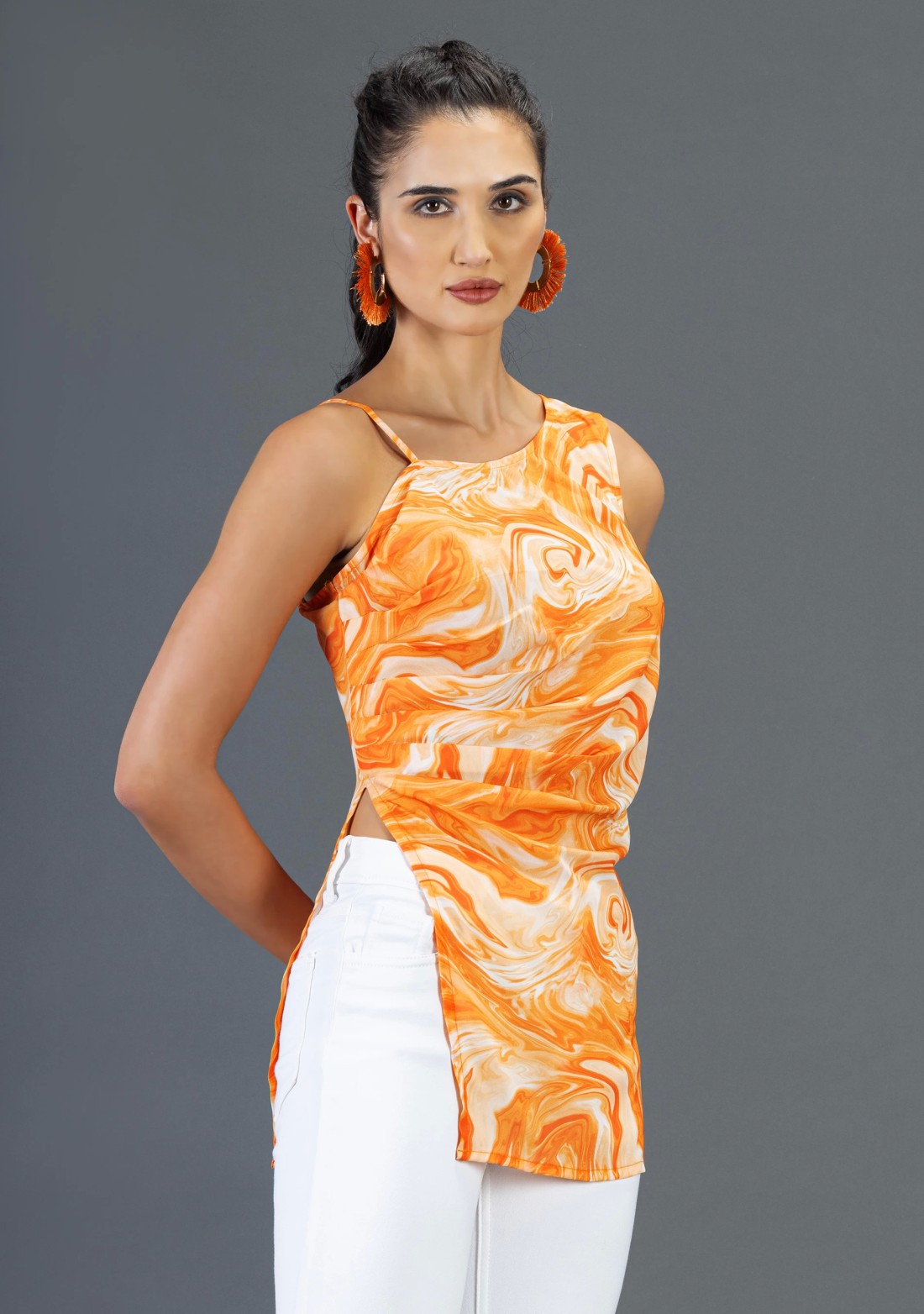 Marble Print One Shoulder Long Top