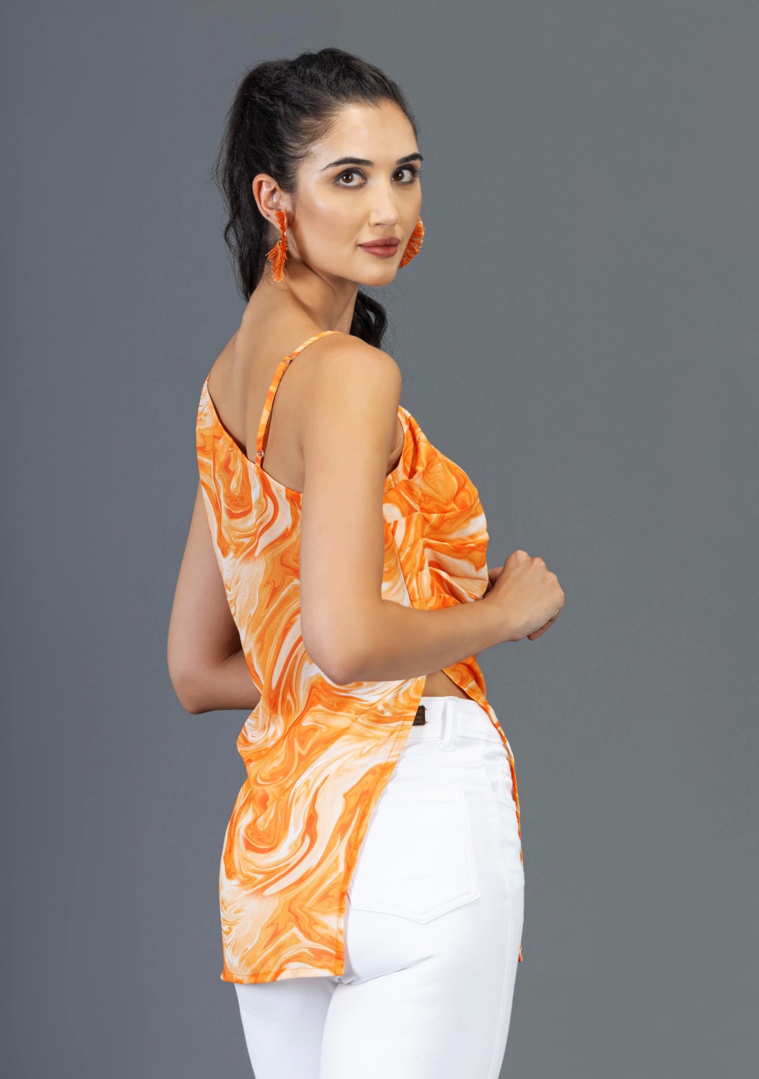 Marble Print One Shoulder Long Top