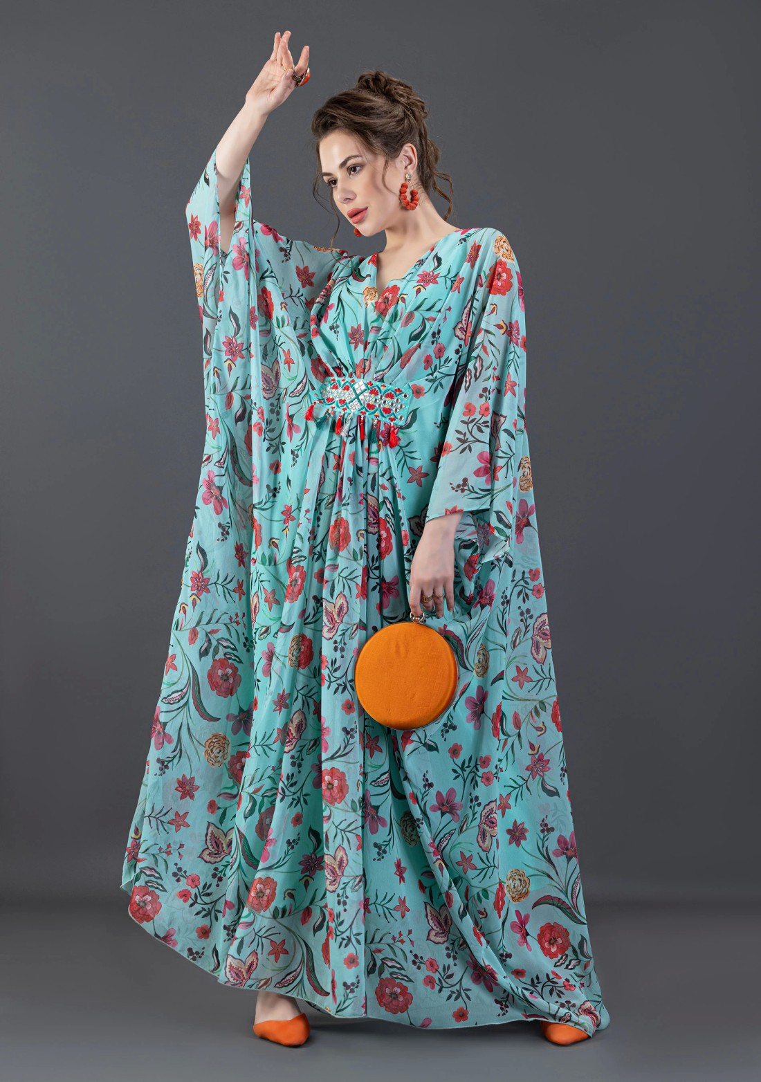 Turquoise Oriental Floral Printed Embellished Kaftan